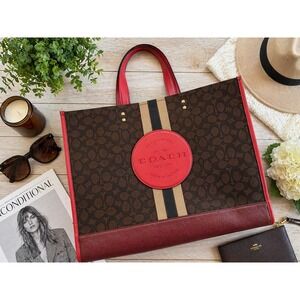 Coach Dempsey Tote 40 Signature Canvas Varsity Stripe Brown Red C1548 Bag